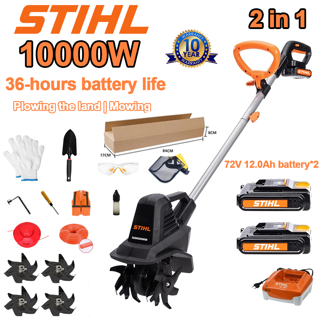 (Baterijos veikimo laikas 36 valandos) 10000 W plūgas + 72 V 12,0 Ah ličio akumuliatorius * 2 + greitas įkroviklis * 1 + kastuvas * 1 + plūgo peilis * 4 + pjovimo peilis * 1 + pjovimo virvė * 1 + įrankių dėžė * 1 + įvairūs priedai