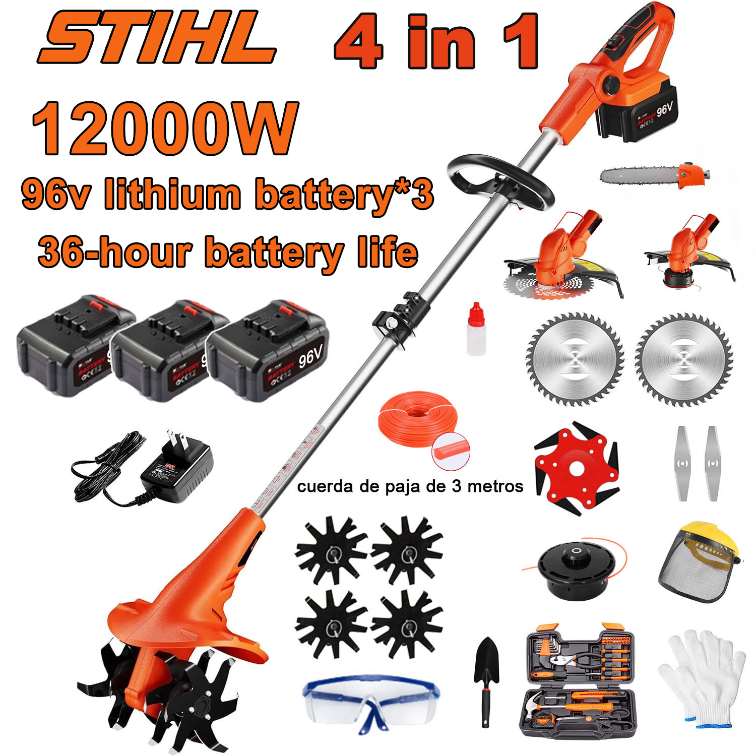 Visokosnažni kultivator od 10000 W s tri funkcije (košnja, obrada tla, trimanje) + 96 V baterija * 2 + brzo punjenje + kultivator + glava trimera + 3 m strune za trimer * 3 + trimer za travu * 6, + kompletan set pribora