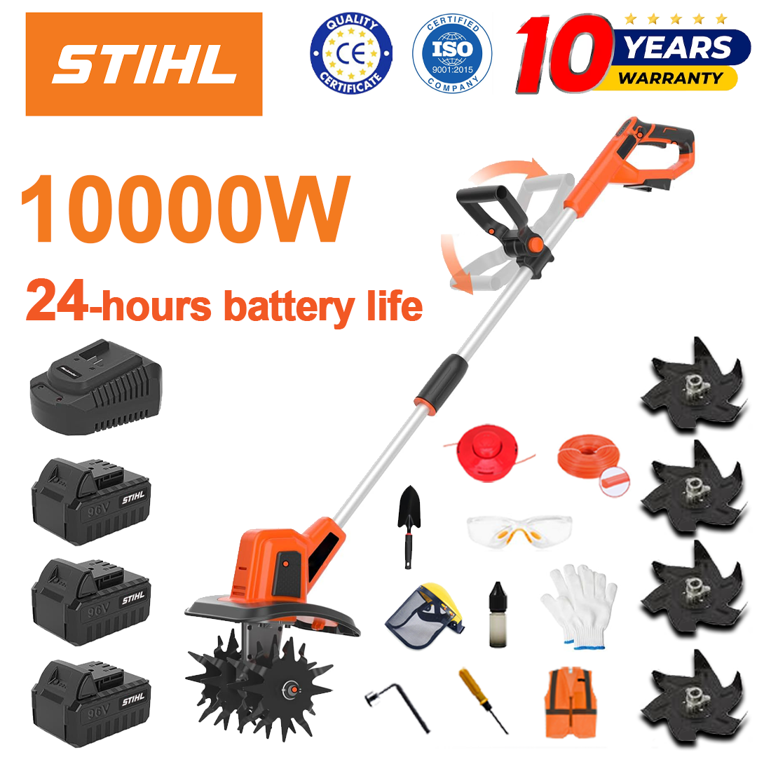 (Baterijos veikimo laikas 24 val.) 10000 W plūgas + 96 V ličio baterija * 3 + greitas įkroviklis * 1 + kastuvas * 1 + žemės dirbimo peilis * 4 + pjovimo diskas * 1 + pjovimo virvė * 1 + įvairūs priedai